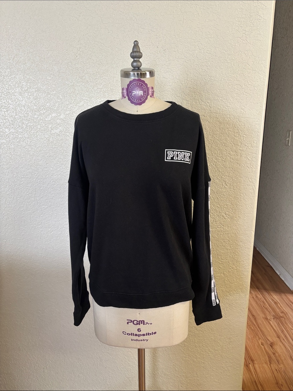 PINK Victoria's Secret Black Crewneck Sweatshirt with White Sleeve Tape